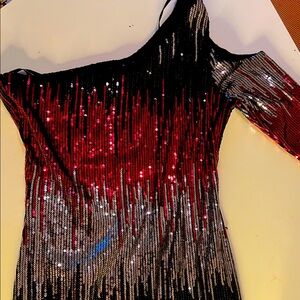 Red and Black Sequin Off-Shoulder Dress